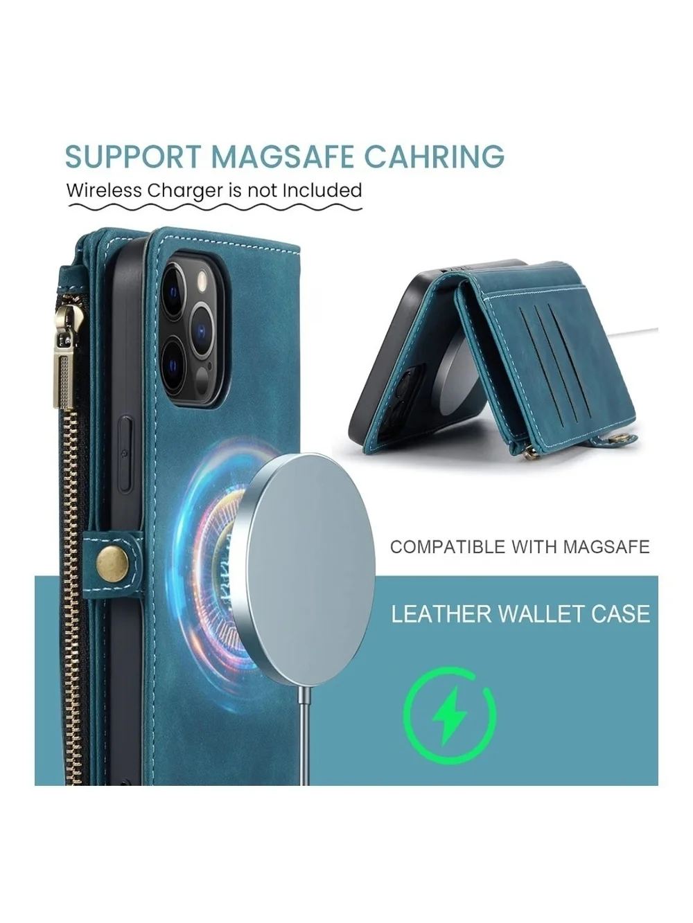 Premium Teal Wallet Phone Case with Wrist Strap - Magnetic Closure, Iphone 13